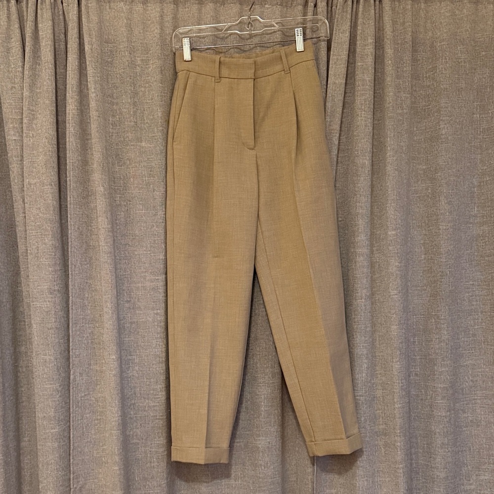 Aritzia Pleated High-Rise Trousers in Camel Tan